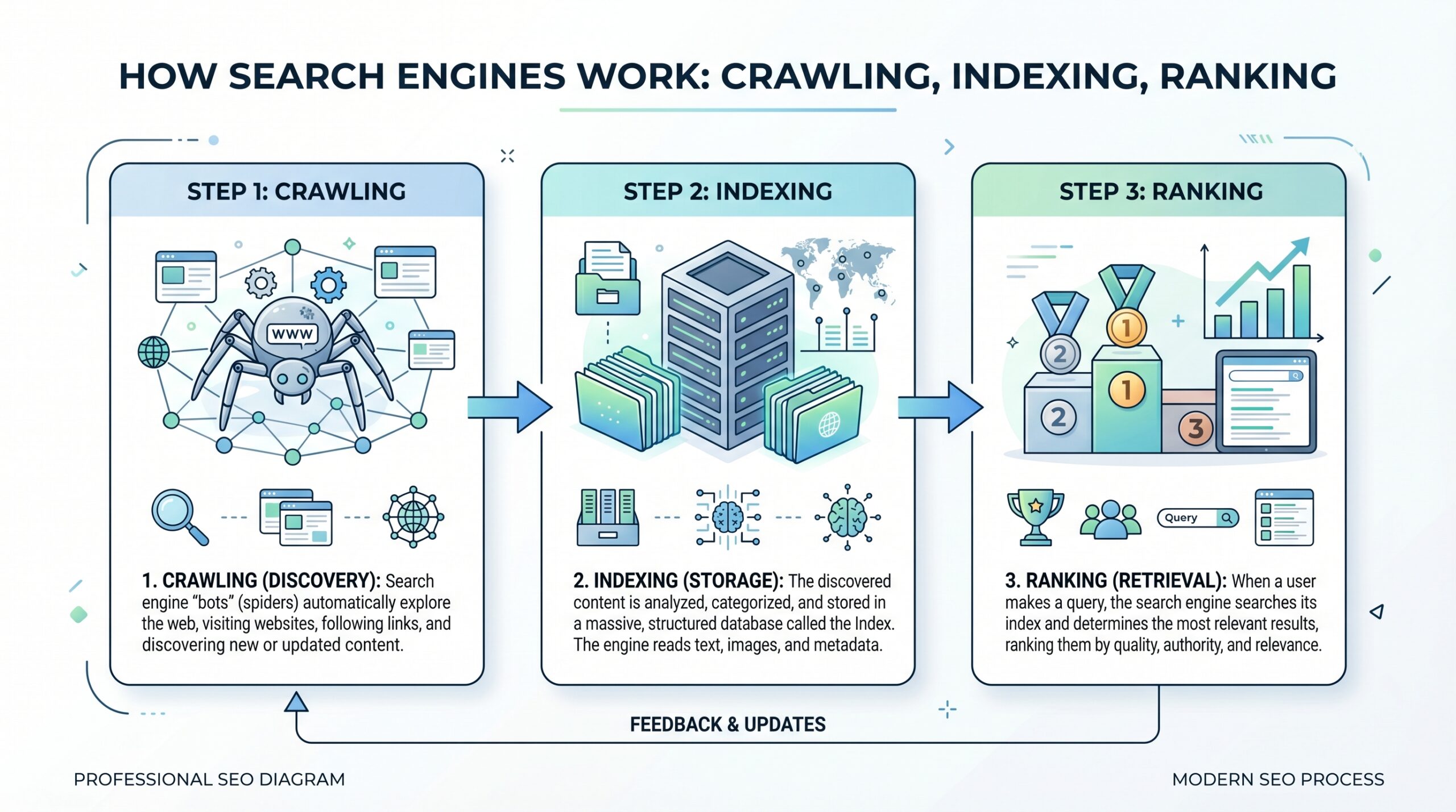 How Search Engines Work — Crawling, Indexing and Ranking explained visually