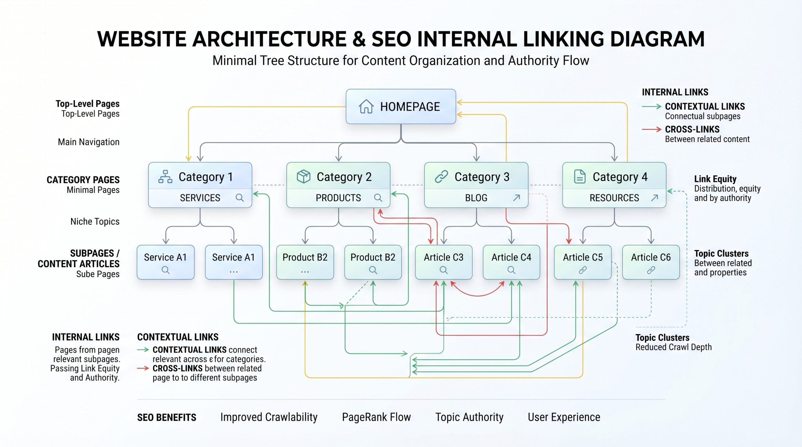 Website Structure and Site Architecture diagram for SEO — flat vs deep site hierarchy