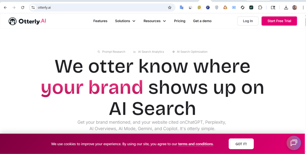 Otterly.AI dashboard showing AI search visibility tracking across Google AI Overviews, ChatGPT and Perplexity