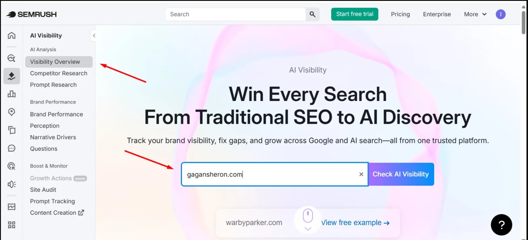 AI Visibility SEO overview dashboard showing brand mention tracking across AI search platforms